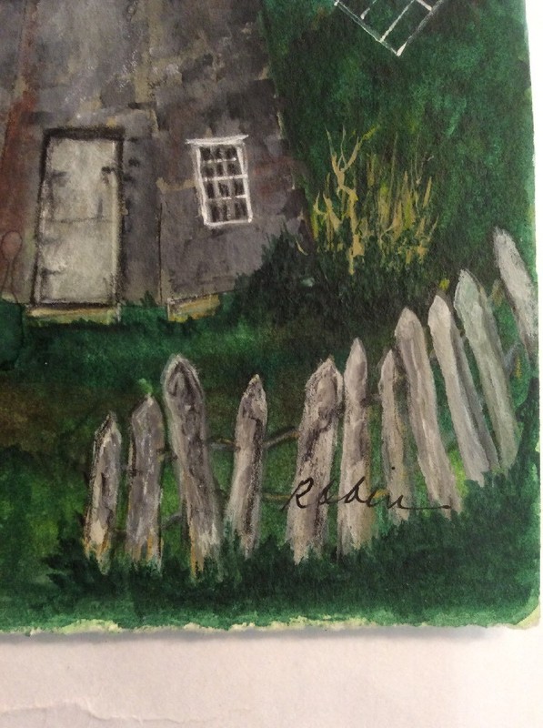Original Painting Windmill Forest Trees Green Fence Grey Grass Sky Blue Door gallery