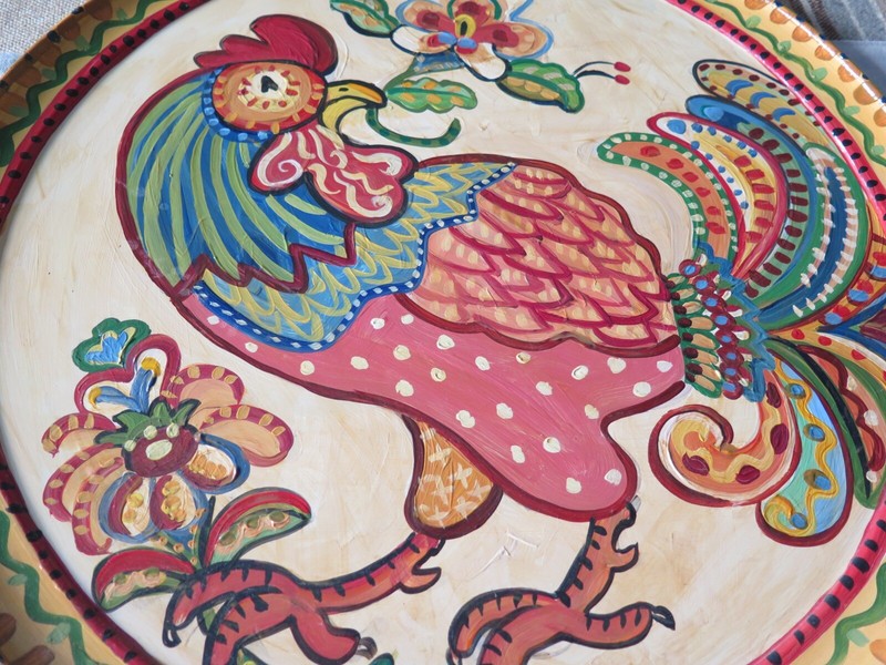 Suzanne Etienne Original Painting Rooster on Round Pizza Plate French Country gallery
