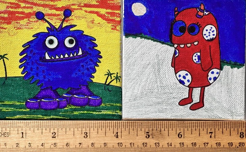 ORIGINAL Painting Set Monsters Halloween Aliens Creatures Monster 4″ Canvas ART