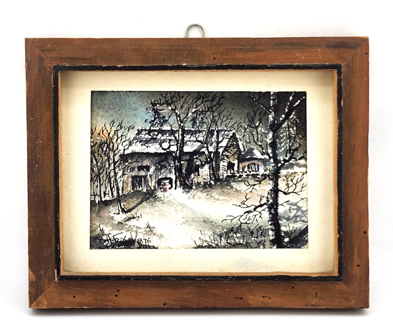 Vintage Small Watercolor Painting New England Farm House in Winter 1976 H. Fox