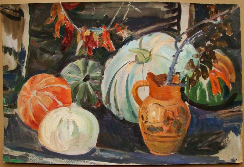 Ukrainian Soviet USSR Oil Painting Still Life fauvism pumpkin clay jug vegetable
