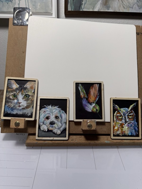 Contemporary Framed Small Animal Painting Set, Cat Dog Bird Owl, Original