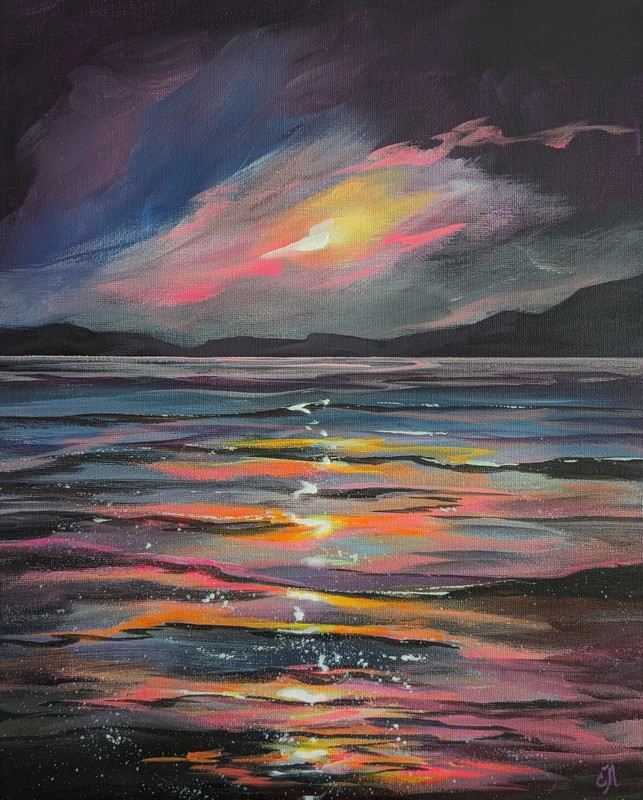 Original Painting. Sunset Ocean Seascape. Mountain Coastline. 14×11 Canvas w COA