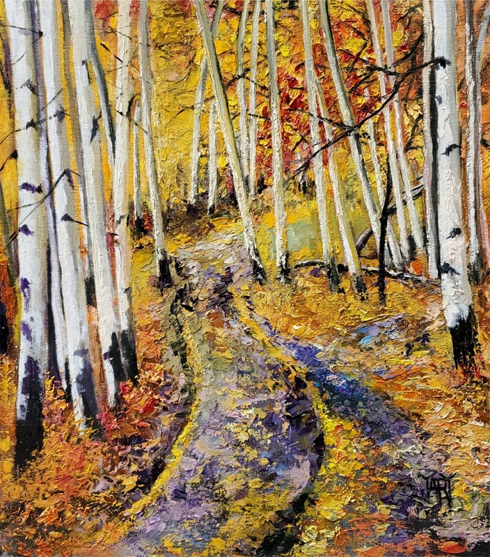 YARY DLUHOS Aspen Trees Landscape Rural Country Road Original Art Oil Painting