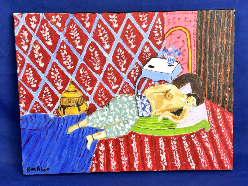 Colorful Oil Painting ~ Topless Woman in Bed ~ Henri Matisse Influence, 16″x12″
