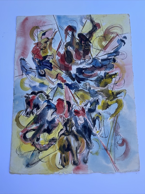 VINTAGE PAINTING ABSTRACT EXPRESSIONISM HORSES CAROUSEL CARNIVAL FAIR 1960'S gallery