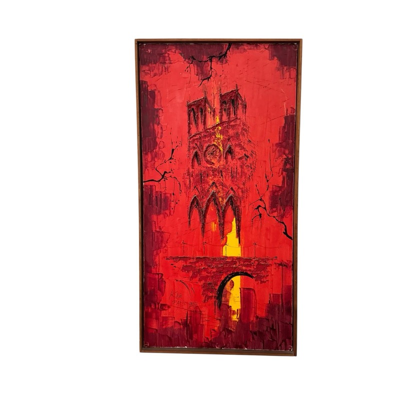 Original 1964 Mid Century Modern Oil Painting Notre Dame Paris Signed 16×32″