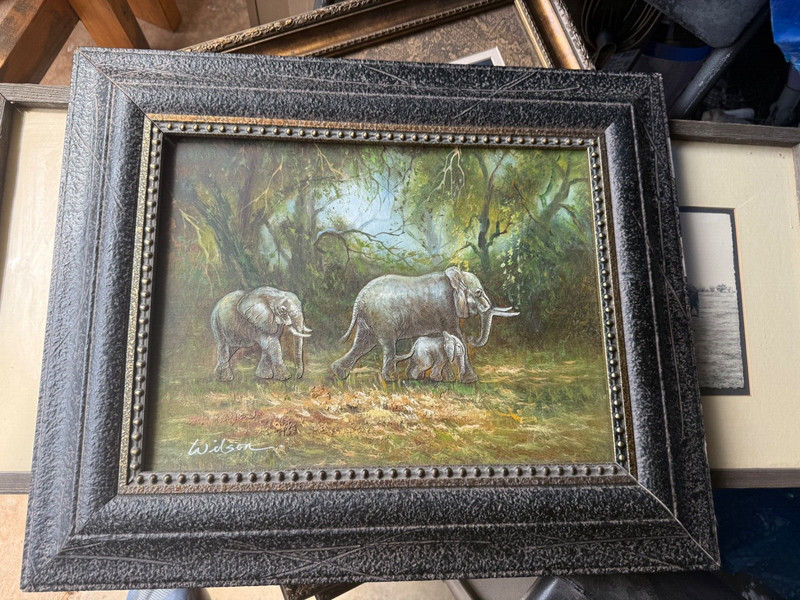 Signed, Vintage art oil painting with elephants. Medium size 18 x 22.