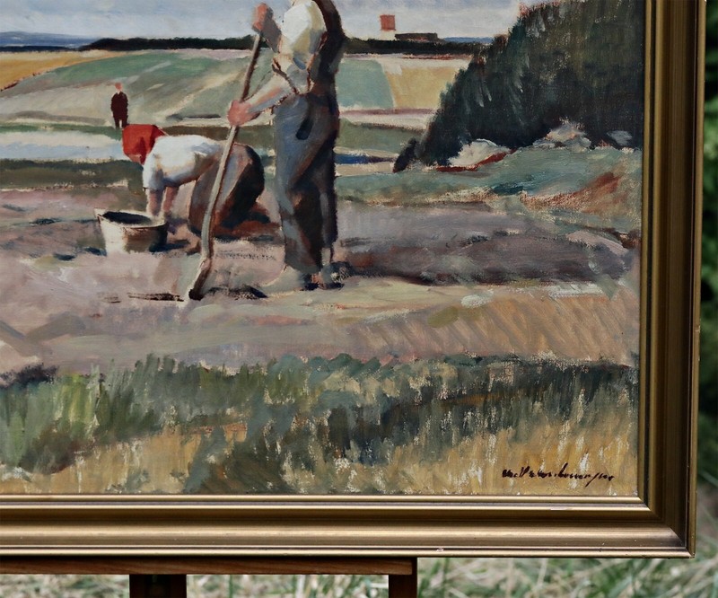 Christian Valentinusen Farm with Figures Oil Painting Signed Original with Frame gallery