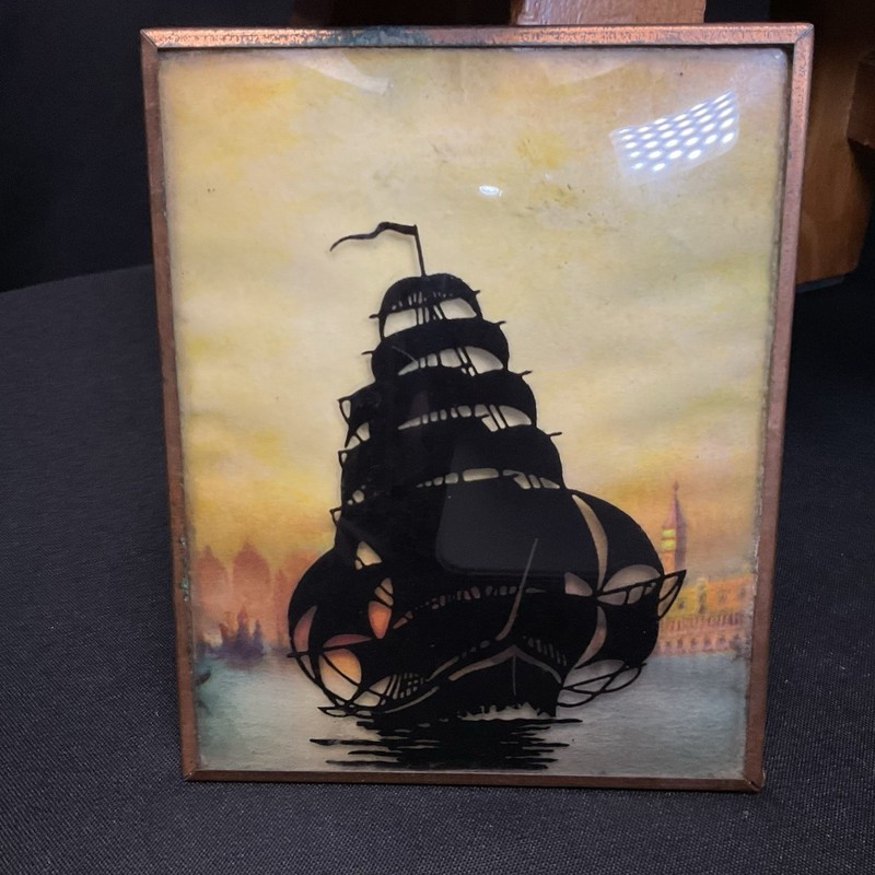 Vintage Convex Bubble Glass Picture Reverse Painting Silhouette Ship on Sea 5×4”