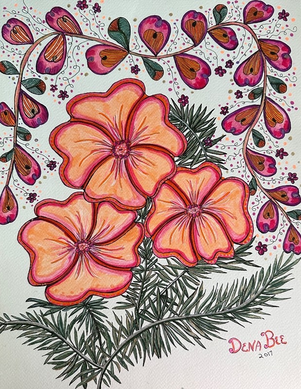 ORIGINAL ART zentangle inspired, flowers orange, coral, colorful, 11×14 in