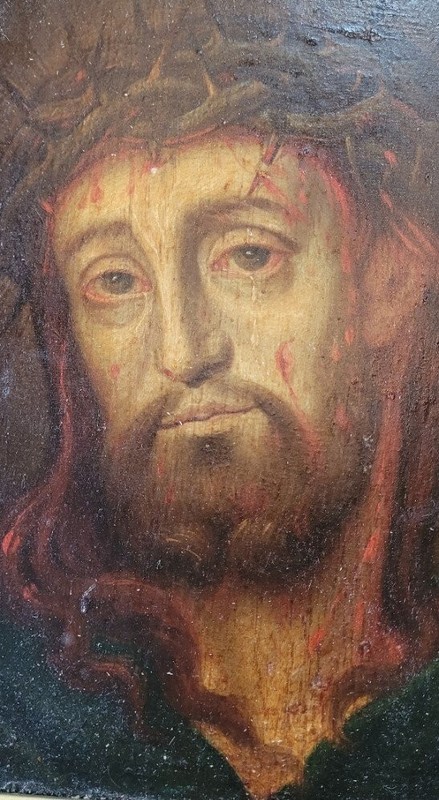 Antique Rare Religious Oil on Wood Painting Jesus Christ Portrait Framed 19th C