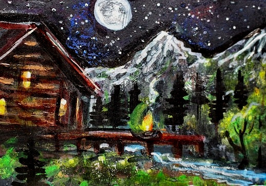 ACEO Original Painting Summer CABIN Mountain Night Stars Moon Landscape ATC ART