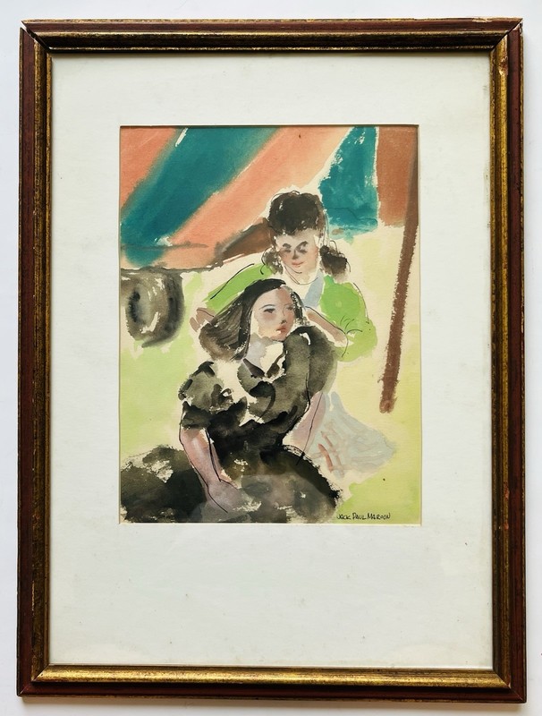 Mid Century Modernism Expressionism Watercolor Painting Gypsy Women Paris France