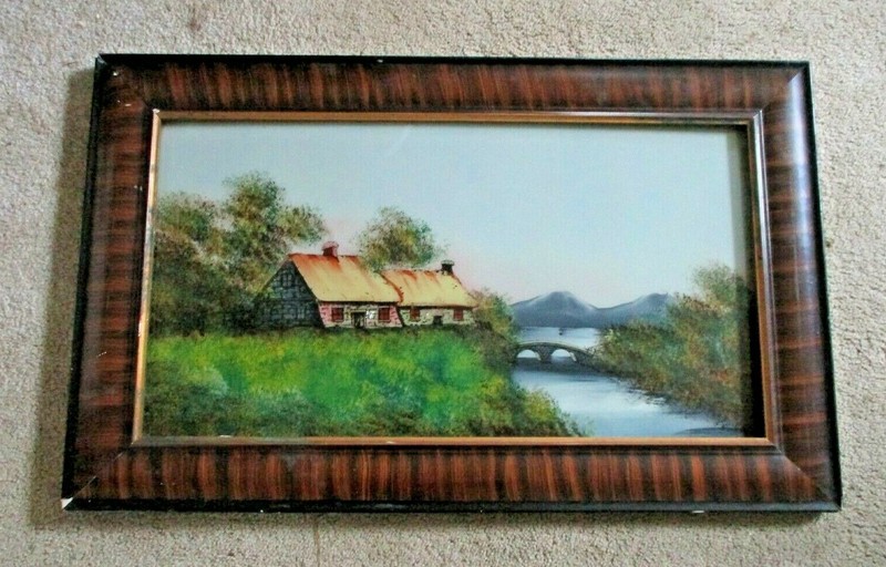 Original Antique Reverse Oil Painting Framed landscape cottages river 14″ x 26″