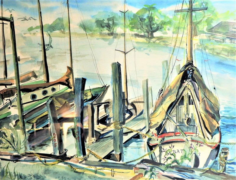 Large Vintage Framed Water Color Painting Monterey Marina CA Dick Pibell