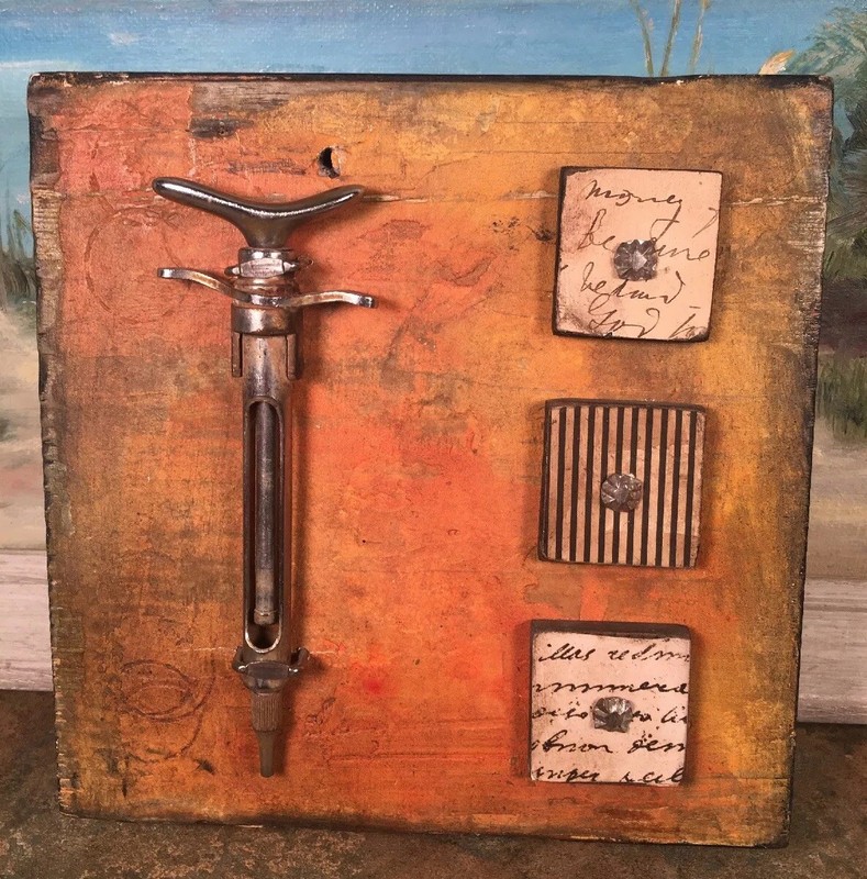 Art By Dayna J. Collins Signed Vintage Syringe Abstract Wood Art 7×7” Doctor Off