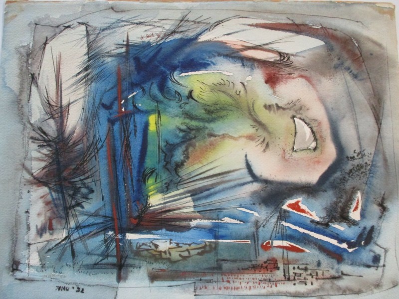MASTERFUL 1950’S WATERCOLOR PAINTING ABSTRACT EXPRESSIONISM LANDSCAPE CUBISM