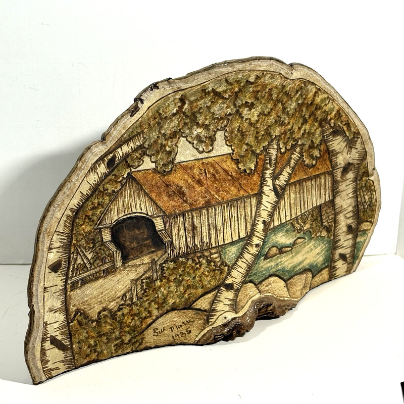 Covered Bridge Painting Conk Shelf Mushroom Fungus 9″x 5.5″ VTG Folk Art Pyro
