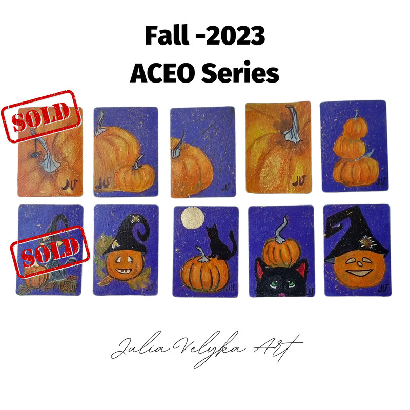 Fall Autumn ACEO Series – Original Mini Art Cards – Halloween Pumpkins Cats OOAK