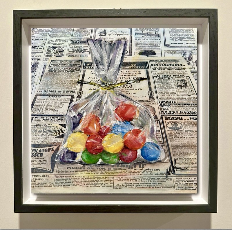 Original Oil Painting on Vintage Newspaper Aluminium Panel – Candy Bag Framed