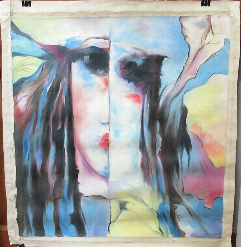 LAYLA SALEEM ARIBIC WOMAN FACE LARGE ORIGINAL OIL ON CANVAS PAINTING #2