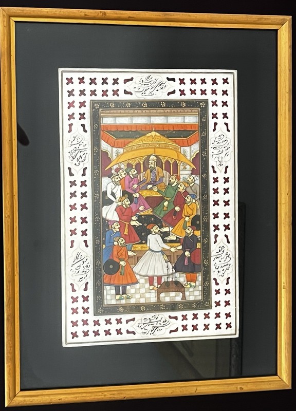 Vintage 9 1/2 by 12 1/2 Inch Framed Mughal Miniature HP Painting on Marble
