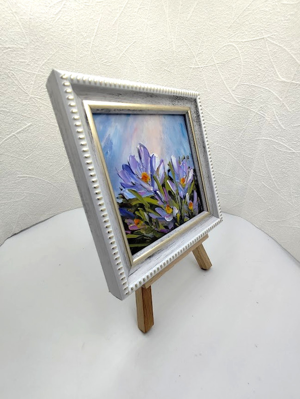 Original Oil Painting 4x4 in Framed Signed Spring Crocus Flowers Impasto Art gallery