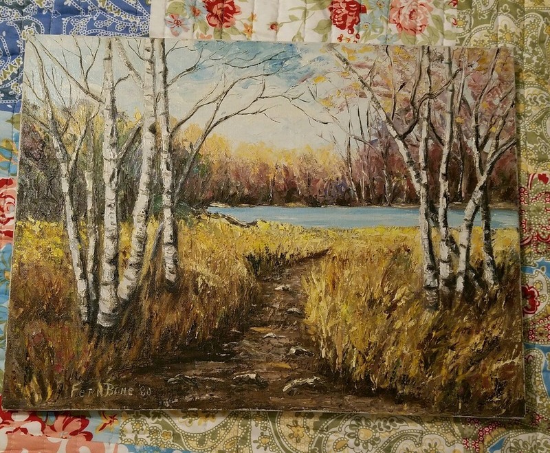 Painting Autumn Fall Birch Trees OiL Canvas Board signed Fern Bone 80' 16 X 12 gallery