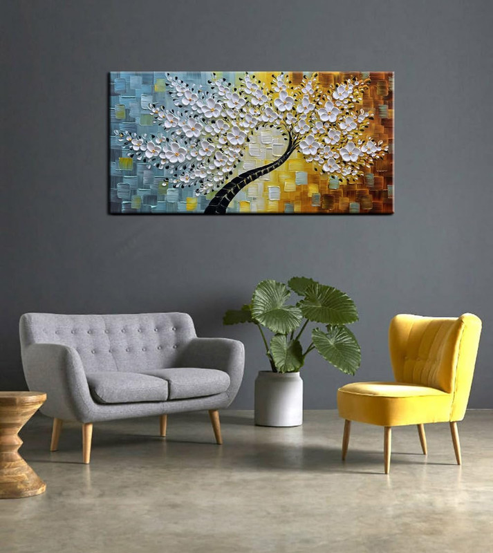 Handpainted 3D White Flower Tree Oil Painting, 24x48 Inch Framed Art gallery