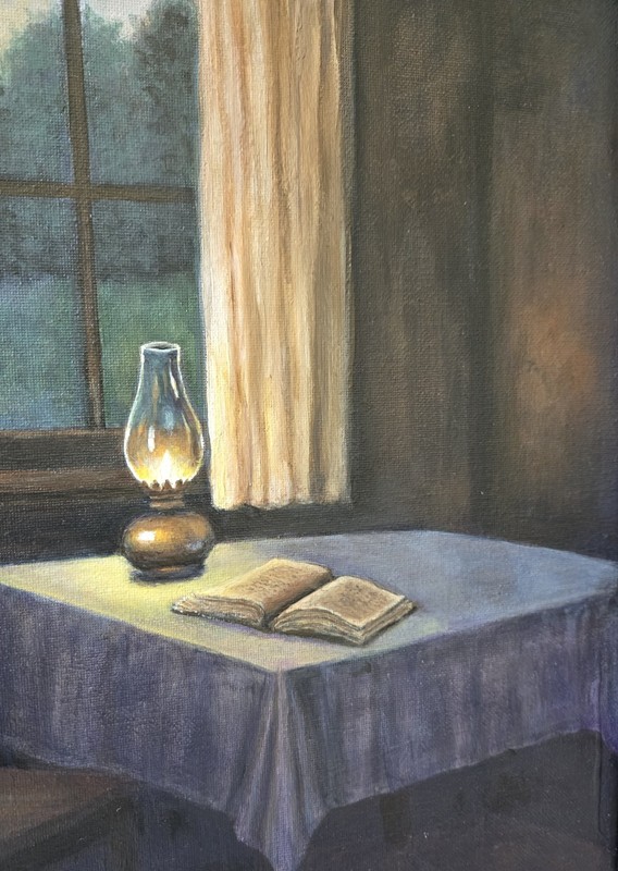 Original Framed Oil Lamp & Book Painting 12x16 Canvas (15x19) Cozy Interior Art gallery