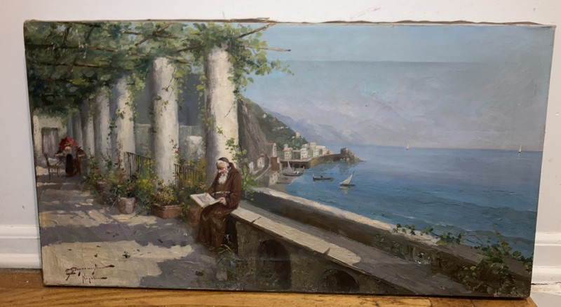 Edwardo Scognamiglio ( Italian 19/20th ) Oil Painting Reading Monk Amalfi Coast