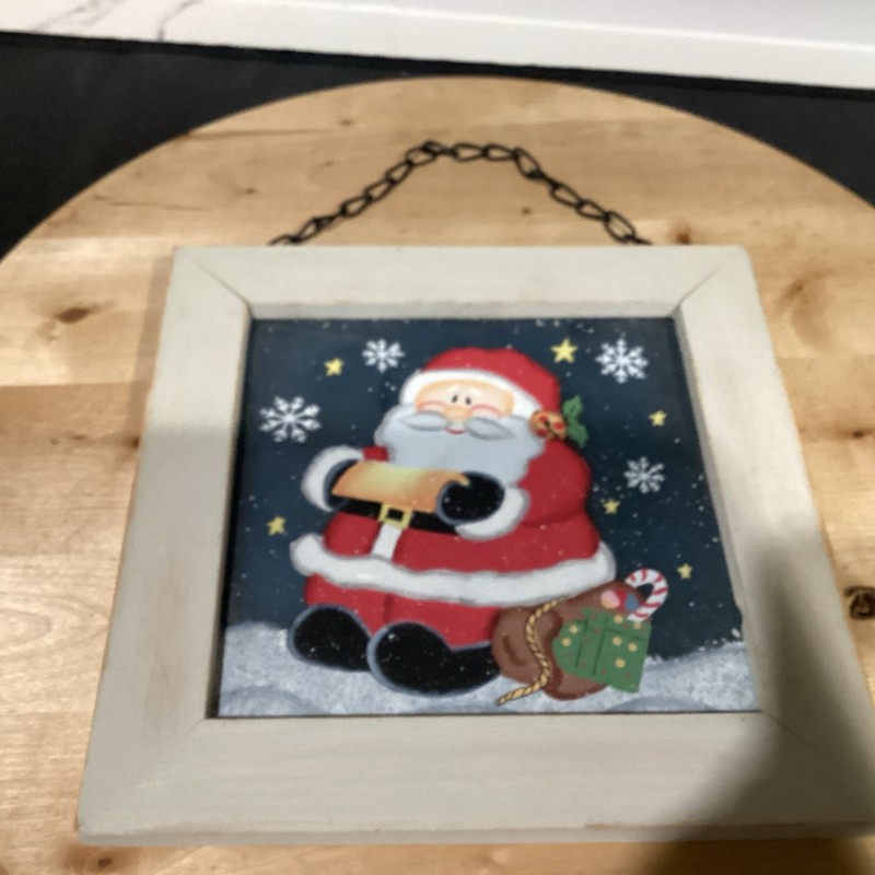 Hand Painted Santa On Glass 8 X 8 Framed Hanging Picture Unique For Christmas