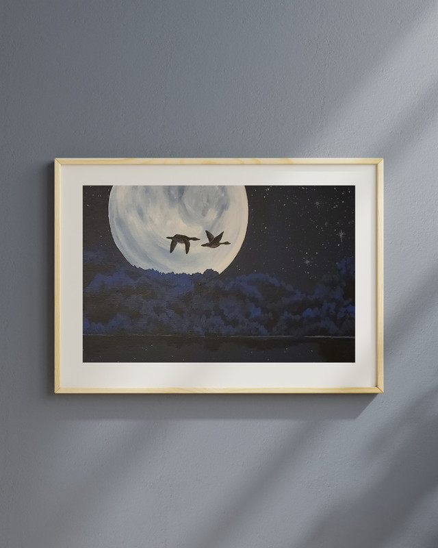 ORIGINAL ABSTRACT MOON GEESE ARTWORK PAINTING ACRYLIC ON CANVAS 14X11 ooak