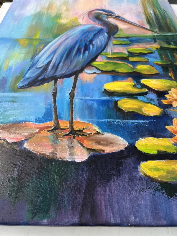Original painting oil, 20x30 inch, Heron with Lilies, Wall Art Decor, Home Gift gallery