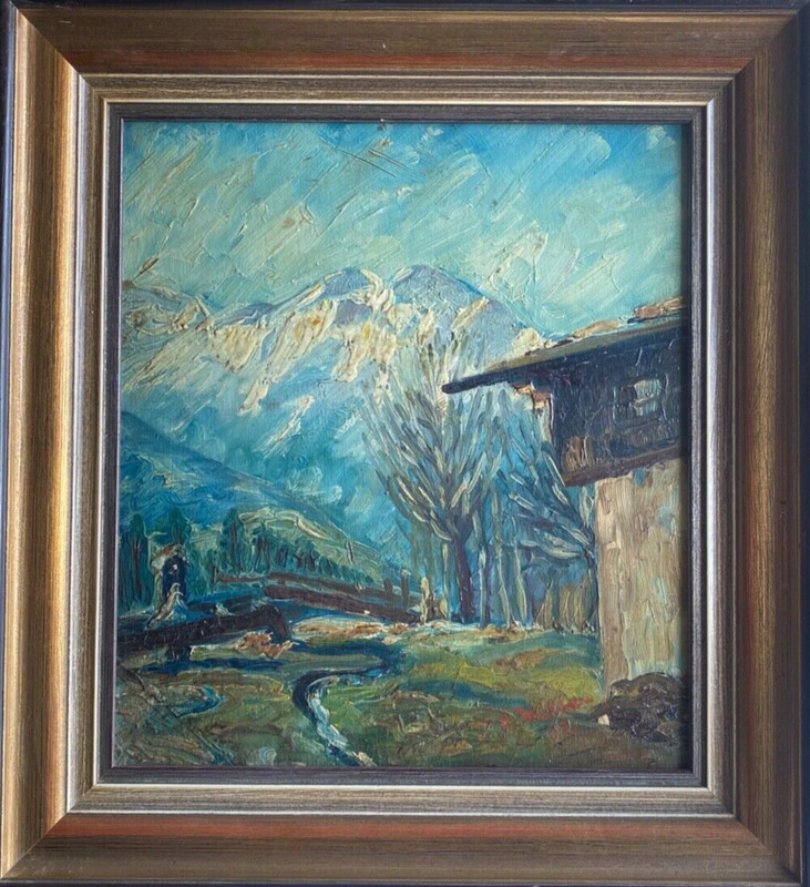 ::OIL PAINTING SIGN. E.WALTER DAT. 1935 COTTAGE ON MOUNTAIN PANORAMA WITH STREAM FLOWERS