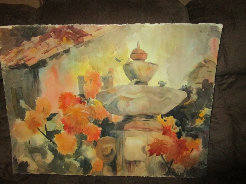 Original Watercolor Painting By Peg Humphreys,Courtyard Water Fountain 30″x22.5″