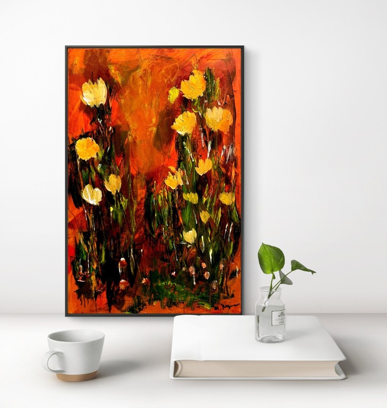 Fiery Abstract Flowers Original Acrylic fine art Painting Mary Myers gallery