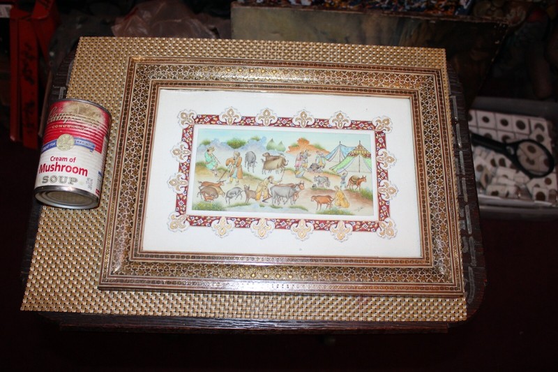 Middle Eastern Painting Men Herding Cows Village Signed Custom Inlay Frame gallery