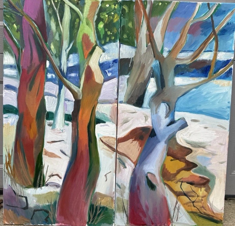 Dyptich Original Oil Painting By Bollen Early Spring Snow Nature