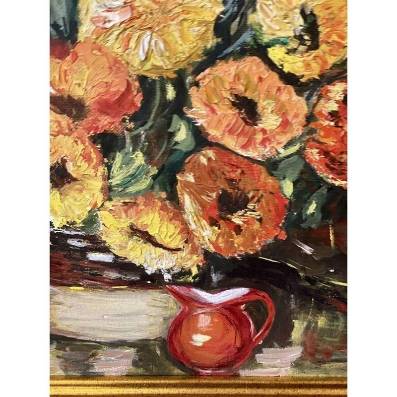 Coquette Vibrant VTG Signed Floral Still Life Oil Painting Gold Frame Original gallery