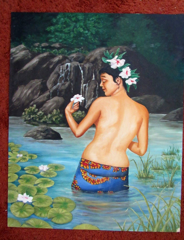 Vtg Original Oil Painting Hawaiian Tahitian Topless Girl in Water by Waterfall