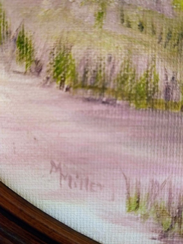 M Miller Signed Acrylic Painting Windmill Country Lake Scene 17"x 14" Oval Frame gallery
