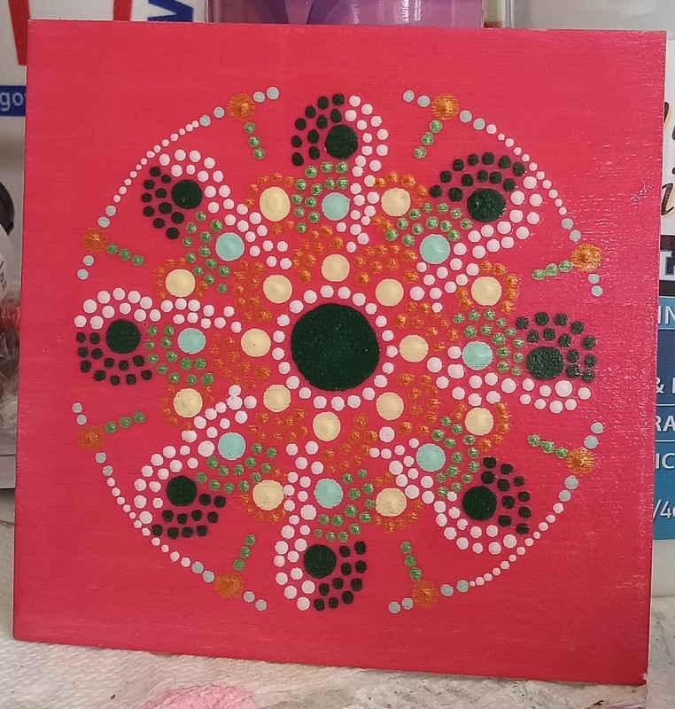 4 Inch Square Dot Mandala In Acrylic Paint On Wood