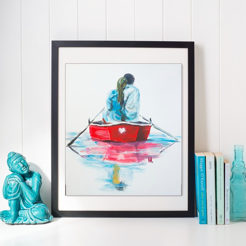 Romantic Couple Painting Red Boat Lake Original Wall Artwork Lovers Embrace Kiss