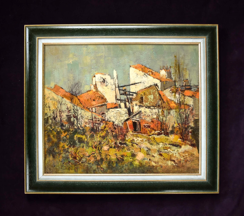 1969 French Oil Painting Village Landscape Jacques Sokol Signed Impressionist gallery