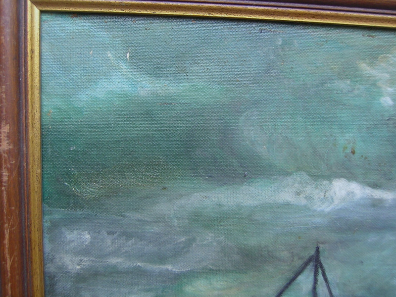 Vintage Expressionist Harbor Oil Painting Fishing Boats Signed gallery