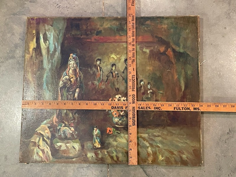 Vintage Oil Painting STILL LIFE ORIENTAL STATUE Antique 24”X 20” gallery