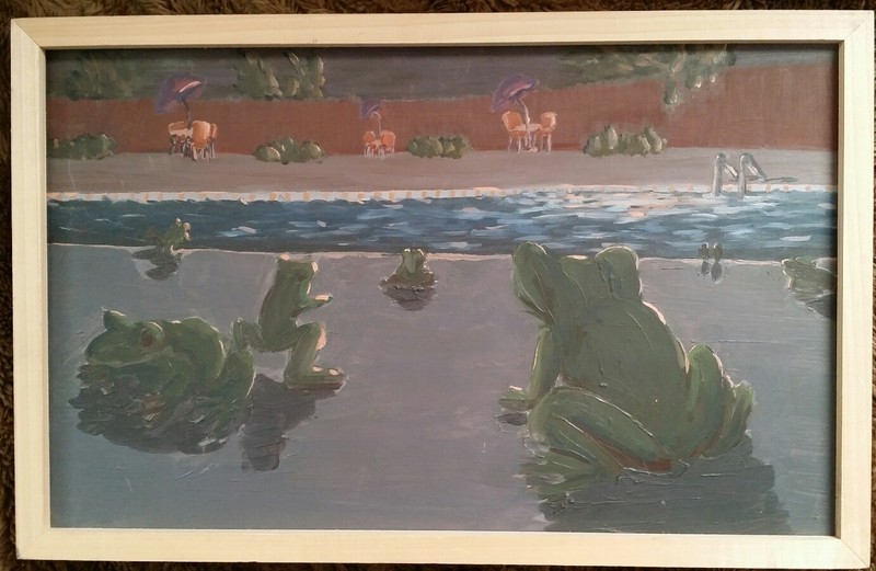 INTRIGUING, BIZARRE, CURIOUS POP ART PAINTING, FROGS BY SWIMMING POOL CRAIG 1996
