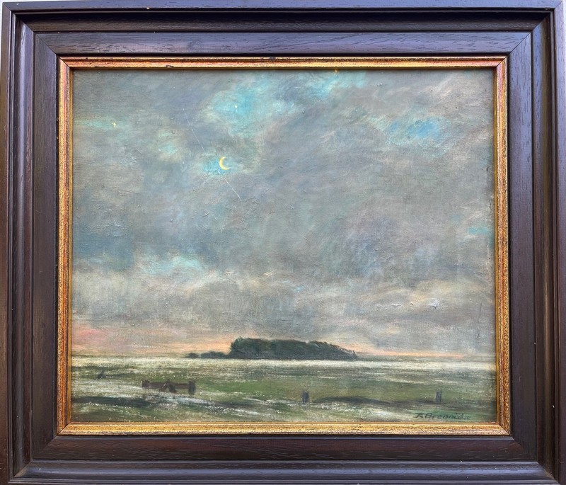 Antique Impressionist Evening Coastal Seascape Oil Painting, Signed K Brennicke